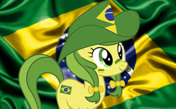 Size: 700x435 | Tagged: safe, edit, imported from derpibooru, vector edit, apple fritter, earth pony, pony, apple family member, bow, brazil, cowboy hat, flag, football, hat, smiling, solo, vector, world cup, world cup 2022