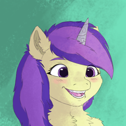 Size: 2000x2000 | Tagged: safe, artist:sorajona, imported from derpibooru, oc, oc:aurora nebula, pony, unicorn, bust, cute, g5, icon, my little pony: a new generation, portrait, small ears, smiling, solo, yellow fur