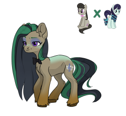 Size: 1278x1173 | Tagged: safe, artist:crumbelinadicarmello, imported from derpibooru, coloratura, octavia melody, oc, earth pony, pony, avatar maker fantasy pony, black mane, bowtie, brown coat, eyeshadow, female, freckles, green mane, lesbian, lidded eyes, long mane, magical lesbian spawn, makeup, oc focus, offspring, parent:coloratura, parent:octavia melody, parents:taviratura, shipping, simple background, solo, solo focus, taviratura, transparent background, unshorn fetlocks