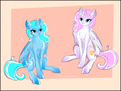 Size: 1280x960 | Tagged: safe, artist:anekomori, imported from derpibooru, princess celestia, princess luna, alicorn, pony, alternate hairstyle, blue eyes, blue mane, chest fluff, colored, colored background, colored sketch, duo, eyelashes, horn, pink mane, pink-mane celestia, simple background, sitting, sketch, wings