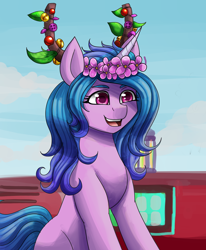 Size: 1400x1700 | Tagged: safe, artist:zachc, imported from derpibooru, izzy moonbow, pony, unicorn, spoiler:g5, spoiler:winter wishday, colored, female, floral head wreath, flower, g5, gradient mane, mare, my little pony: make your mark, my little pony: make your mark chapter 3, shading, smiling, solo, winter wishday