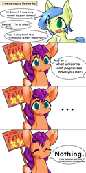 Size: 2500x5000 | Tagged: safe, artist:zemlya, imported from derpibooru, sunny starscout, oc, earth pony, pegasus, pony, unicorn, ..., comic, cute, dialogue, duo, eyes closed, female, g5, mare, misspelling, realization, sign, simple background, speech bubble, sunnybetes, talking, text