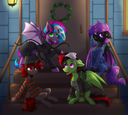 Size: 3500x3144 | Tagged: safe, artist:lambydwight, imported from derpibooru, oc, oc:astral bulb, oc:cloud twist, oc:lightning weather, bat pony, pegasus, pony, unicorn, clothes, cosplay, costume, halloween, halloween costume, holiday