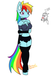 Size: 1013x1512 | Tagged: safe, artist:samuel-neocros, imported from derpibooru, rainbow dash, oc, oc:neocros, anthro, pegasus, unguligrade anthro, belly button, blood, blushing, breasts, busty rainbow dash, choker, clothes, cosplay, costume, cute, female, female focus, halloween, helluva boss, holiday, loona (helluva boss), midriff, nosebleed, pentagram, simple background, solo focus, spiked choker, story included, white background