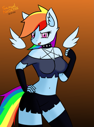 Size: 1013x1371 | Tagged: safe, artist:samuel-neocros, imported from derpibooru, rainbow dash, anthro, pegasus, belly button, breasts, busty rainbow dash, choker, clothes, collar, cosplay, costume, cute, female, floating wings, gradient background, helluva boss, loona (helluva boss), midriff, pentagram, solo, spiked choker, wings