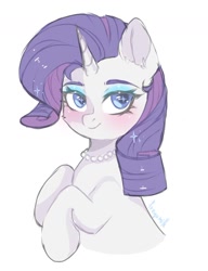 Size: 1024x1331 | Tagged: safe, artist:freyamilk, imported from derpibooru, rarity, pony, unicorn, blushing, female, jewelry, looking at you, mare, necklace, pearl necklace, simple background, smiling, smiling at you, solo, white background