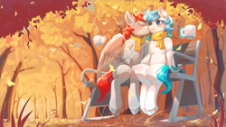 Size: 1920x1080 | Tagged: safe, artist:peachmayflower, imported from derpibooru, oc, oc only, oc:ericken, oc:time slowly, alicorn, pony, unicorn, alicorn oc, bench, blushing, clothes, duo, ericly, forest, glasses, horn, leaves, scarf, wings