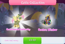 Size: 1270x857 | Tagged: safe, imported from derpibooru, fluttershy, king sombra, pegasus, pony, unicorn, alternate hairstyle, alternate timeline, apocalypse fluttershy, bundle, bush, camouflage, clothes, costs real money, crystal empire, crystal war timeline, english, female, flower, flower pot, gameloft, hat, mare, mud, my little pony: magic princess, numbers, official, sale, solo, solo focus, sombraverse, spread wings, stained glass, stained glass window, text, wings