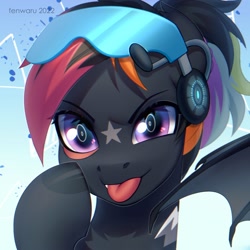 Size: 2000x2000 | Tagged: safe, artist:fenwaru, imported from derpibooru, oc, oc only, oc:nacht, bat pony, pony, bat pony oc, coat markings, facial markings, fangs, female, headset, headset mic, raspberry, solo, star (coat marking), star mark, tongue out