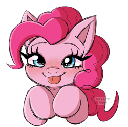 Size: 1683x1677 | Tagged: safe, artist:kiripi, imported from derpibooru, pinkie pie, earth pony, pony, :p, blushing, bust, cute, diapinkes, female, mare, outline, silly, simple background, solo, tongue out, transparent background, white outline