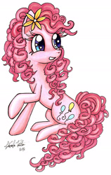 Size: 1207x1905 | Tagged: safe, artist:jejejoja, imported from derpibooru, pinkie pie, earth pony, pony, 2012, flower, flower in hair, old art, simple background, solo, traditional art, turned head, white background