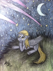 Size: 1280x1714 | Tagged: safe, artist:jejejoja, imported from derpibooru, derpy hooves, pegasus, pony, 2012, crescent moon, lying down, moon, night, old art, shooting star, solo, stars, traditional art