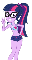 Size: 3111x5768 | Tagged: safe, artist:keronianniroro, edit, edited screencap, imported from derpibooru, screencap, vector edit, sci-twi, twilight sparkle, human, equestria girls, equestria girls series, forgotten friendship, adorasexy, adorkable, bare shoulders, belly button, bikini, clothes, cute, dork, female, front knot midriff, glasses, grin, looking at you, midriff, peace sign, ponytail, sci-twi swimsuit, sexy, simple background, sleeveless, smiling, solo, swimsuit, transparent background, twiabetes, vector