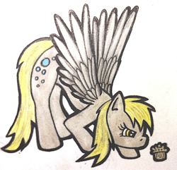 Size: 1024x989 | Tagged: safe, artist:jejejoja, imported from derpibooru, derpy hooves, pegasus, pony, 2012, crouching, food, looking at something, muffin, old art, slim, solo, traditional art