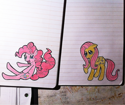 Size: 1024x860 | Tagged: safe, artist:jejejoja, imported from derpibooru, fluttershy, pinkie pie, earth pony, pegasus, pony, 2012, duo, lined paper, notebook, old art, open mouth, open smile, raised hoof, smiling