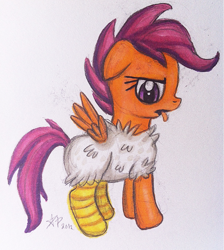 Size: 919x1024 | Tagged: safe, artist:jejejoja, imported from derpibooru, scootaloo, pegasus, pony, 2012, animal costume, chicken suit, clothes, costume, old art, scootachicken, scootaloo is not amused, solo, tongue out, traditional art, unamused