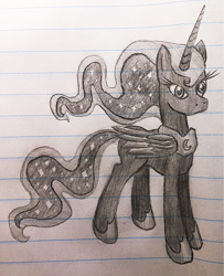 Size: 831x1024 | Tagged: safe, artist:jejejoja, imported from derpibooru, princess luna, alicorn, pony, 2012, grayscale, lined paper, monochrome, old art, slim, solo, traditional art