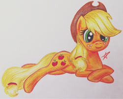 Size: 1280x1028 | Tagged: safe, artist:jejejoja, imported from derpibooru, applejack, earth pony, pony, 2012, lying down, old art, solo, traditional art