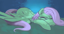 Size: 1280x679 | Tagged: safe, artist:verrmont, imported from derpibooru, fluttershy, pegasus, pony, crying, eyes closed, lying down, sad, solo