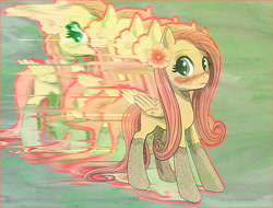 Size: 600x455 | Tagged: safe, artist:cosmicunicorn, imported from derpibooru, fluttershy, pegasus, pony, 2015, blushing, clothes, error, flower, flower in hair, glitch, old art, socks, solo