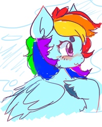 Size: 800x1000 | Tagged: safe, artist:kotokoe, imported from derpibooru, rainbow dash, pegasus, pony, 2014, :3, beanbrows, eyebrows, hoof on chest, old art, profile, solo