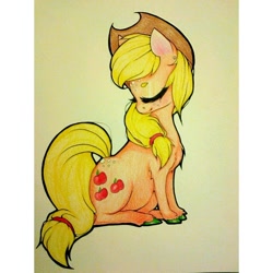 Size: 1224x1224 | Tagged: safe, artist:cozygh0st, imported from derpibooru, applejack, earth pony, pony, eyes closed, solo, traditional art, turned head