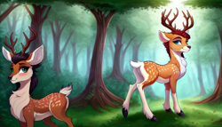 Size: 1792x1024 | Tagged: safe, editor:paracompact, imported from derpibooru, oc, oc only, deer, ai assisted, ai content, ai generated, antlers, blushing, butt, butt fluff, chest fluff, duo, ear fluff, forest, forest background, generator:purplesmart.ai, generator:stable diffusion, looking back, plot, rear view, time-lapse included