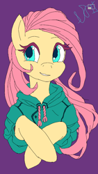 Size: 640x1136 | Tagged: safe, artist:deadmadness665, imported from derpibooru, fluttershy, pegasus, pony, clothes, hoodie, purple background, simple background, solo
