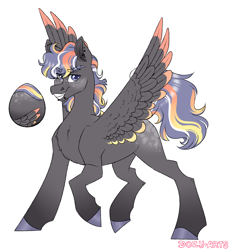 Size: 2000x2160 | Tagged: safe, artist:dozyarts, imported from derpibooru, oc, oc only, unnamed oc, pegasus, pony, colored wings, colored wingtips, egg, eye clipping through hair, eyebrows, eyebrows visible through hair, grin, high res, looking at you, male, pegasus oc, simple background, smiling, smiling at you, solo, spread wings, stallion, white background, wings