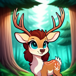 Size: 1024x1024 | Tagged: safe, editor:paracompact, imported from derpibooru, oc, oc only, deer, ai assisted, ai content, ai generated, chest fluff, cute, forest, forest background, generator:purplesmart.ai, generator:stable diffusion, solo
