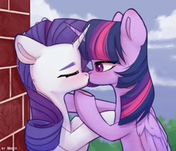 Size: 2047x1759 | Tagged: safe, artist:shelti, imported from derpibooru, rarity, twilight sparkle, alicorn, pony, unicorn, against wall, bipedal, blushing, brick wall, colored pupils, eyes closed, female, heart, heart eyes, horn, horns are touching, kiss on the lips, kissing, lesbian, rarilight, shipping, twilight sparkle (alicorn), wingding eyes