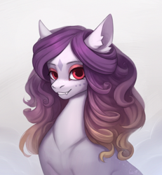 Size: 2400x2600 | Tagged: safe, artist:inarimayer, imported from derpibooru, oc, oc only, earth pony, pony, abstract background, body freckles, bust, coat markings, curly mane, earth pony oc, facial markings, fangs, female, freckles, gradient mane, looking at you, mare, red eyes, smiling, smiling at you, solo, star (coat marking)