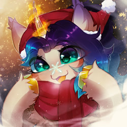 Size: 1280x1280 | Tagged: safe, artist:astralblues, imported from derpibooru, oc, oc only, pony, unicorn, christmas, clothes, hat, holiday, santa hat, scarf, snow, snowfall, snowflake, solo, unshorn fetlocks