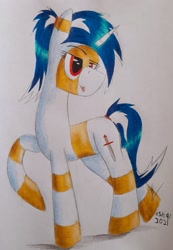 Size: 1707x2463 | Tagged: safe, artist:thecrimsonspark, imported from derpibooru, oc, oc only, oc:murky silentium, unicorn, blue hair, mute, red eyes, reference, reference sheet, solo, stripes, traditional art