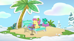 Size: 1920x1080 | Tagged: safe, imported from derpibooru, screencap, dragon, earth pony, pony, spoiler:g5, spoiler:my little pony: tell your tale, spoiler:tyts01e37, bench, blanket, chair, content, drink, fake palm tree, female, g5, happy, mare, my little pony: tell your tale, posey bloom, posey catches a break, sand, smoothie, snow, snow pun intended, solo, sparky sparkeroni, table, tree, youtube link