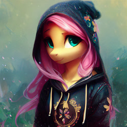 Size: 1024x1024 | Tagged: safe, imported from derpibooru, prompter:tour, fluttershy, anthro, ai content, ai generated, clothes, generator:stable diffusion, hoodie, looking at you, smiling, solo, upscaled, waifu2x