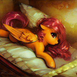 Size: 1024x1024 | Tagged: safe, imported from derpibooru, prompter:tour, scootaloo, oc, oc only, pegasus, pony, ai content, ai generated, bed, bedroom, generator:stable diffusion, long mane, lying down, lying on bed, on bed, pillow, solo, upscaled, waifu2x