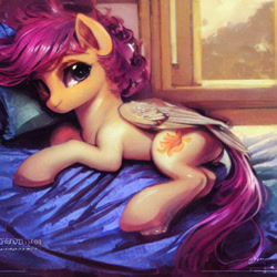 Size: 1024x1024 | Tagged: safe, imported from derpibooru, prompter:tour, scootaloo, pegasus, pony, ai content, ai generated, bed, bedroom, generator:stable diffusion, lying down, lying on bed, on bed, pillow, solo, upscaled, waifu2x, window, wrong cutie mark