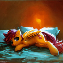 Size: 1024x1024 | Tagged: safe, imported from derpibooru, prompter:tour, scootaloo, pegasus, pony, ai content, ai generated, alternate cutie mark, bed, generator:stable diffusion, lying down, lying on bed, on bed, pillow, solo, upscaled, waifu2x, wrong cutie mark