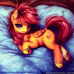 Size: 512x512 | Tagged: safe, imported from derpibooru, prompter:tour, scootaloo, pegasus, pony, ai content, ai generated, bed, chest fluff, generator:stable diffusion, lying down, lying on bed, on bed, solo, wrong cutie mark