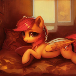 Size: 1024x1024 | Tagged: safe, imported from derpibooru, prompter:tour, scootaloo, pegasus, pony, ai content, ai generated, alternate cutie mark, bed, bedroom, generator:stable diffusion, lying down, lying on bed, on bed, solo, upscaled, waifu2x, window, wrong cutie mark