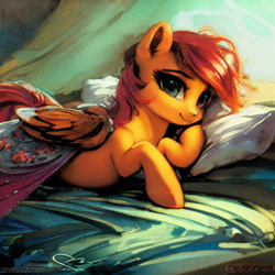Size: 1024x1024 | Tagged: safe, imported from derpibooru, prompter:tour, scootaloo, pegasus, pony, ai content, ai generated, bed, bedroom, generator:stable diffusion, lying down, lying on bed, on bed, pillow, solo, upscaled, waifu2x