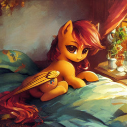 Size: 1024x1024 | Tagged: safe, imported from derpibooru, prompter:tour, scootaloo, pegasus, pony, ai content, ai generated, alternate cutie mark, anatomically incorrect, bed, bedroom, butt, flower, generator:stable diffusion, looking at you, lying down, lying on bed, on bed, pillow, plot, solo, upscaled, waifu2x, window