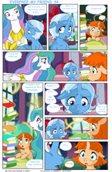 Size: 5738x8834 | Tagged: safe, artist:jeremy3, imported from derpibooru, princess celestia, trixie, oc, oc:flora, alicorn, pony, unicorn, comic:everfree, comic:everfree my friend, book, comic, female, filly, filly trixie, floppy ears, glowing, glowing horn, hoof shoes, horn, jewelry, open mouth, regalia, speech bubble, younger