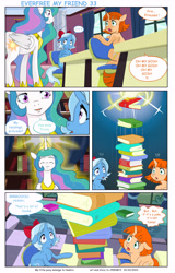 Size: 5749x8962 | Tagged: safe, artist:jeremy3, imported from derpibooru, princess celestia, trixie, oc, oc:flora, alicorn, pony, unicorn, comic:everfree, comic:everfree my friend, book, comic, female, filly, filly trixie, floppy ears, glowing, glowing horn, hoof shoes, horn, jewelry, open mouth, regalia, speech bubble, younger