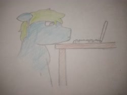 Size: 4160x3120 | Tagged: safe, artist:valuable ashes, imported from derpibooru, oc, oc:valuable ashes, earth pony, pony, computer, laptop computer, sad, solo, table, traditional art