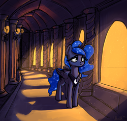 Size: 1854x1758 | Tagged: safe, artist:uteuk, imported from derpibooru, princess luna, alicorn, pony, castle, constellation, dust motes, female, mare, sad, solo, sunset, tired