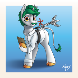 Size: 5000x5000 | Tagged: safe, artist:supermoix, imported from derpibooru, oc, oc:minty snow, pony, unicorn, beard, blue background, clipboard, clothes, coat, facial hair, gadget, green hair, lab coat, laboratory, long tail, looking at you, mechanical claw, moustache, scientist, simple background, solo, strap, tail, white coat