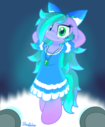 Size: 2597x3136 | Tagged: safe, artist:silvaqular, imported from derpibooru, oc, oc only, oc:cyanette, anthro, earth pony, unguligrade anthro, bipedal, bow, breasts, clothes, cute, cyan, dress, earth pony oc, heterochromia, jewelry, lighting, necklace, ocbetes, on stage (event), pattern, pose, shading, stage, standing, standing on two hooves