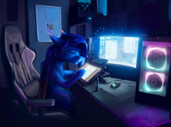 Size: 3830x2847 | Tagged: safe, artist:helmie-art, imported from derpibooru, oc, oc only, pegasus, pony, chair, computer, microphone, ponysona, solo, vent